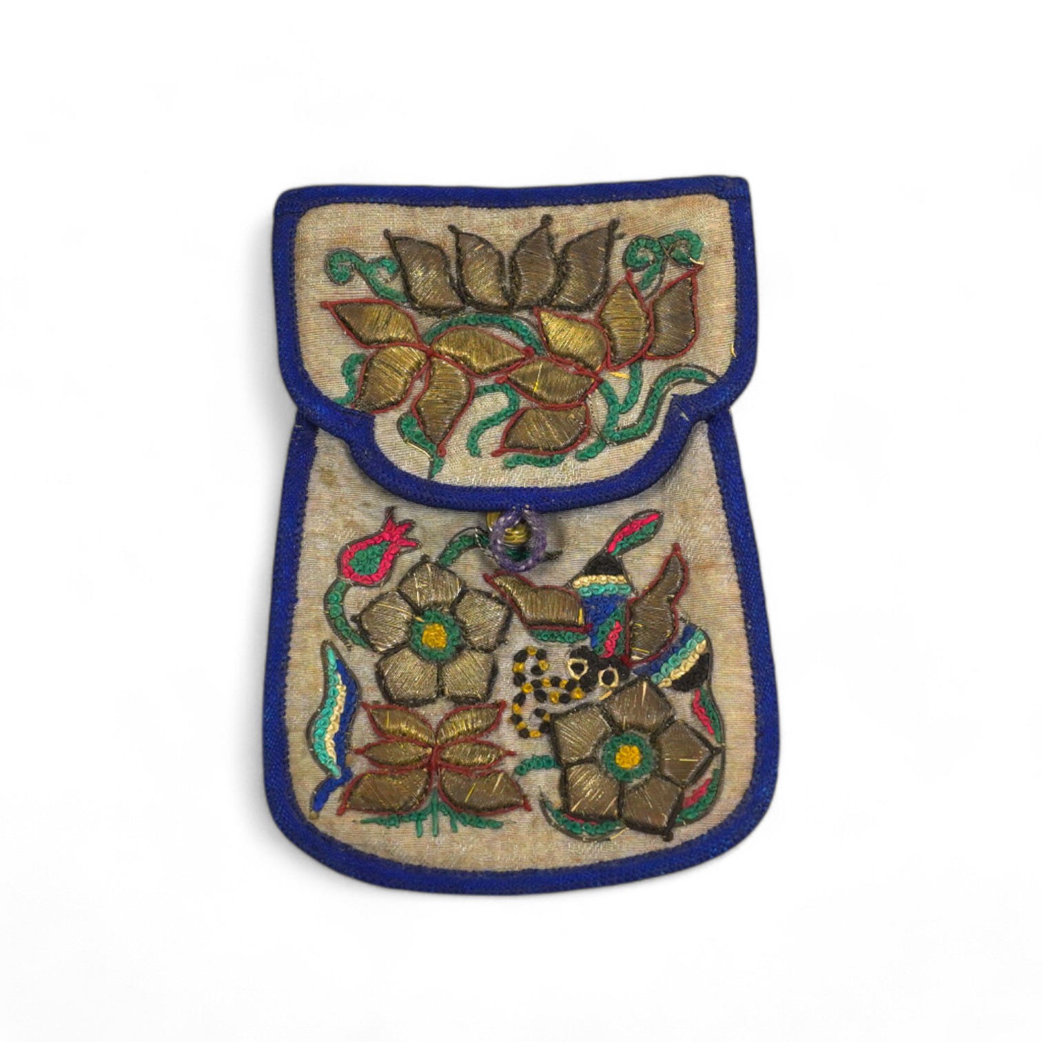 An Asian embroidered and metal thread purse, possibly Tibetan, 12 x 8cm. Condition - fair to good